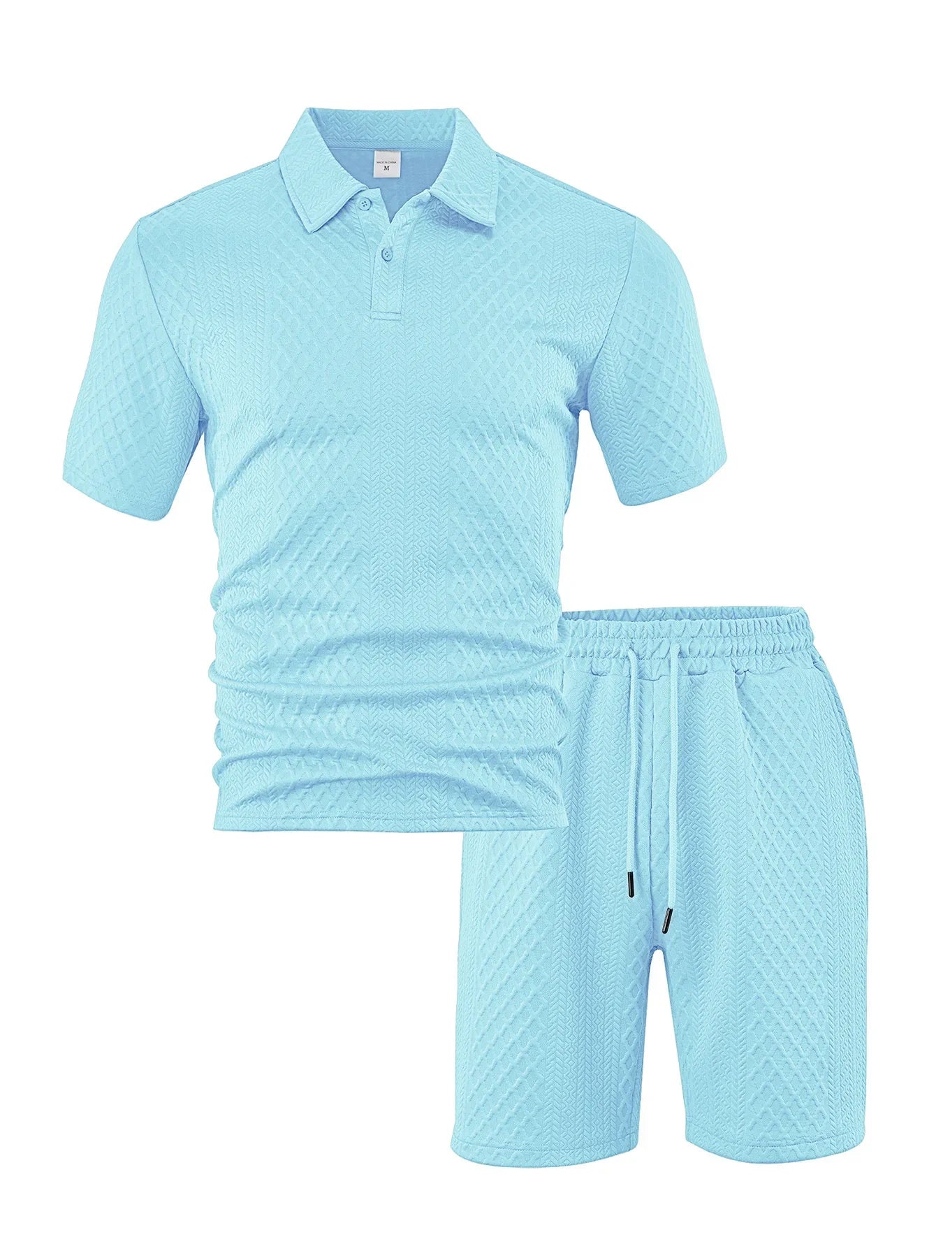 Novo conjunto de 2 peças de camisa polo esportiva fina masculina com estampa geométrica europeia de verão e tecido jacquard, manga curta e shorts