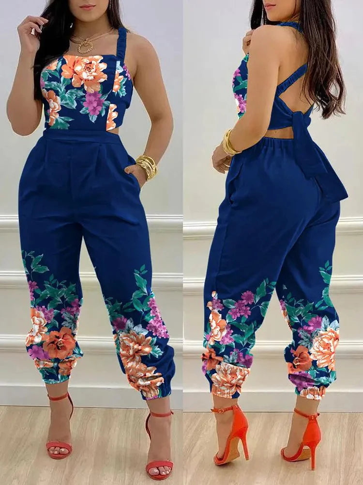 Novo macacão sem mangas estampado da moda de verão, vazado, sem costas, com cadarço, longo, elegante, casual, com bolso