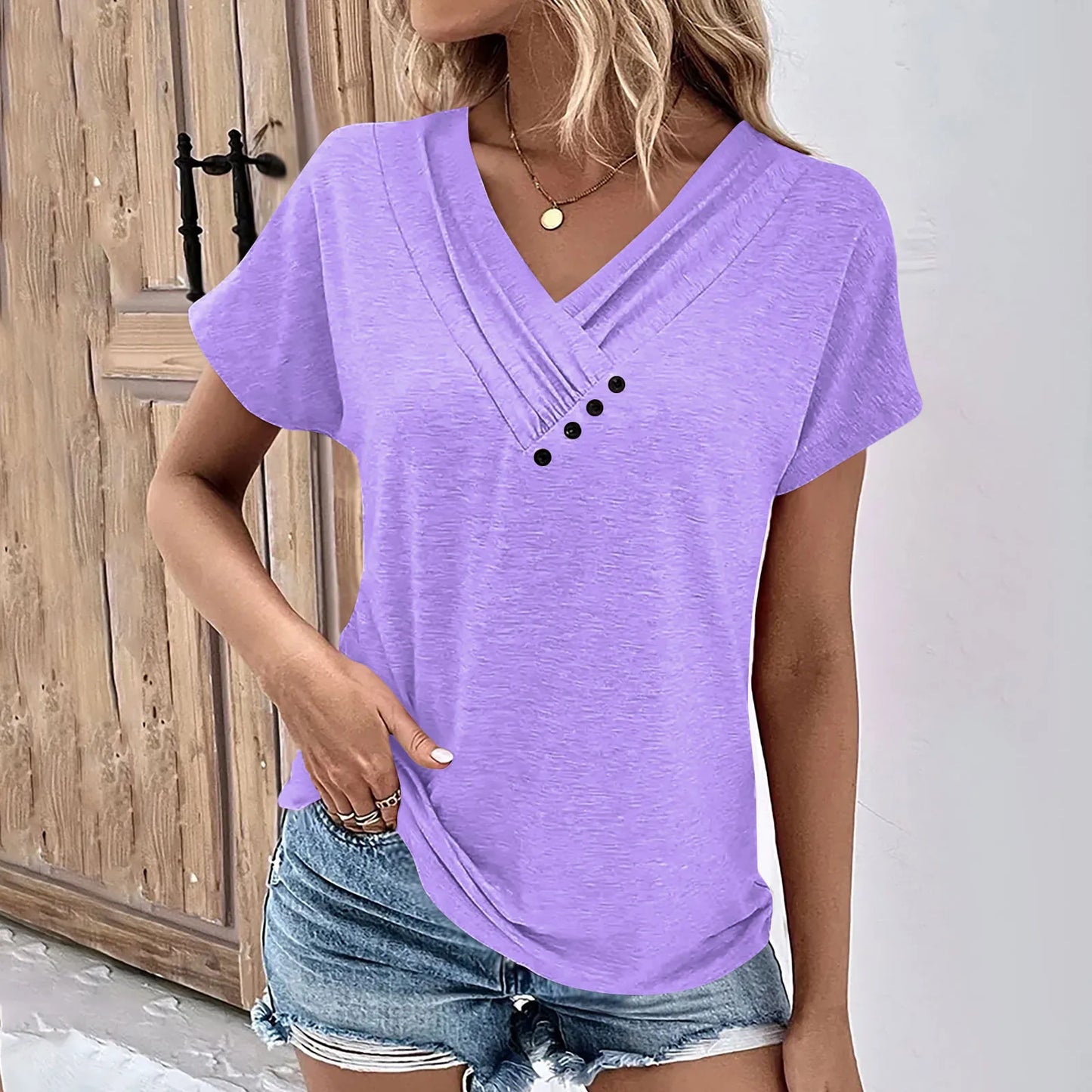 Camiseta feminina da moda, cor sólida, gola V, manga curta, básica, moda urbana, verão