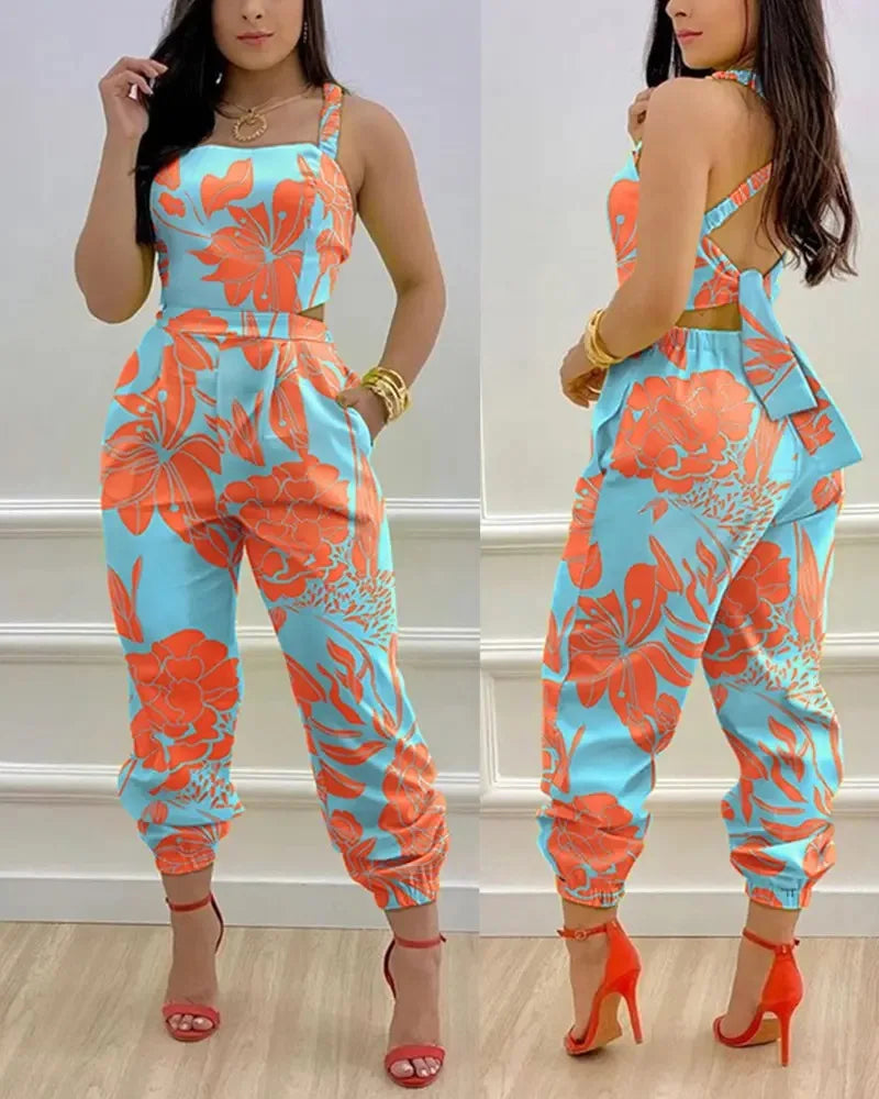 Novo macacão sem mangas estampado da moda de verão, vazado, sem costas, com cadarço, longo, elegante, casual, com bolso