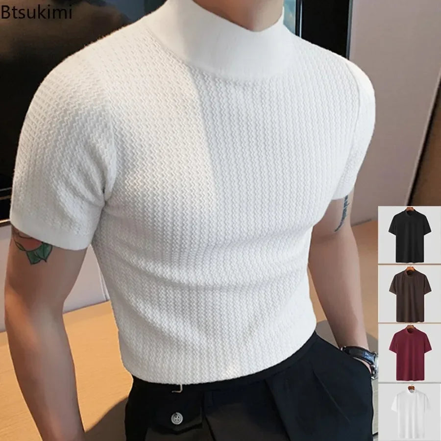 Camiseta masculina de malha, casual texturizada, meia gola alta, lisa, manga curta
