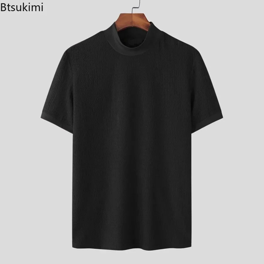 Camiseta masculina de malha, casual texturizada, meia gola alta, lisa, manga curta