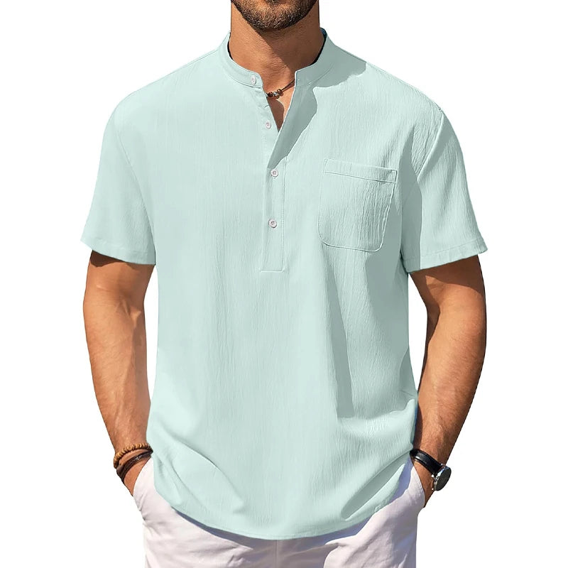 Camisa masculina Henley casual de manga curta, camisas leves, com gola listrada, com bolso