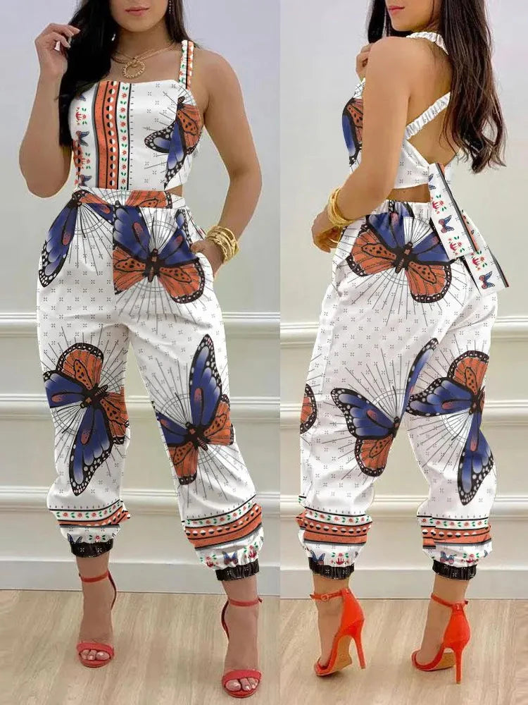 Novo macacão sem mangas estampado da moda de verão, vazado, sem costas, com cadarço, longo, elegante, casual, com bolso
