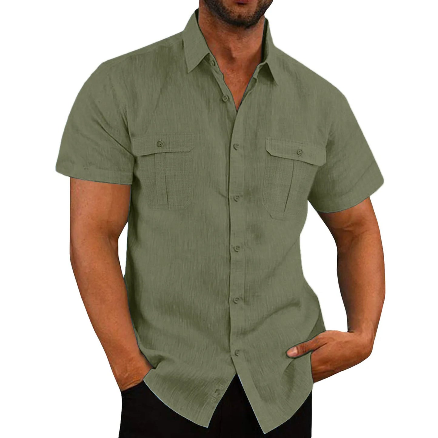 Camisas masculinas de manga curta, de algodão e linho, cor sólida, gola alta, casual
