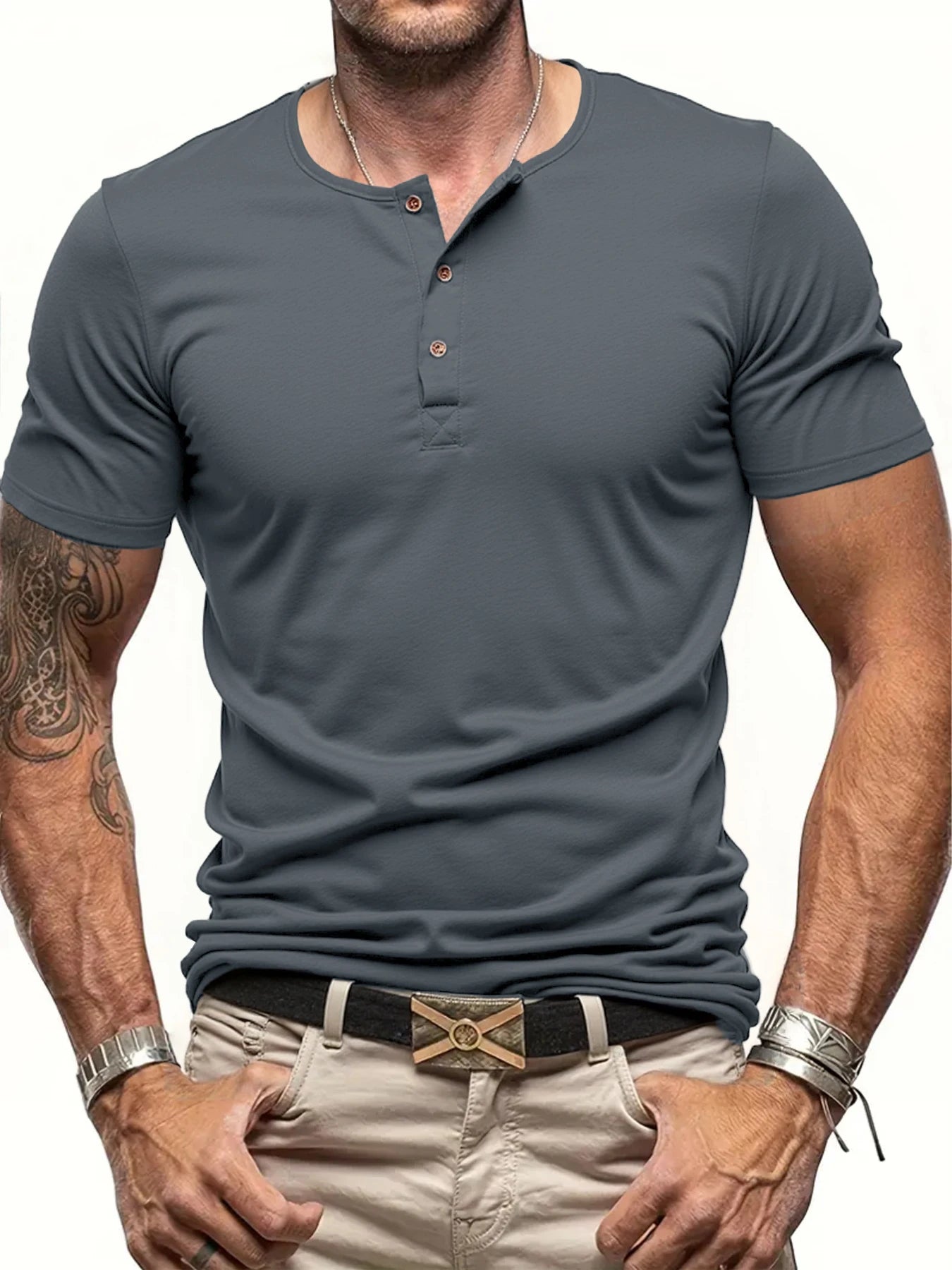 Camiseta Henley Masculina, Leve Manga Curta Casual Algodão Slim Fit Básica Solta Fitness Respirável