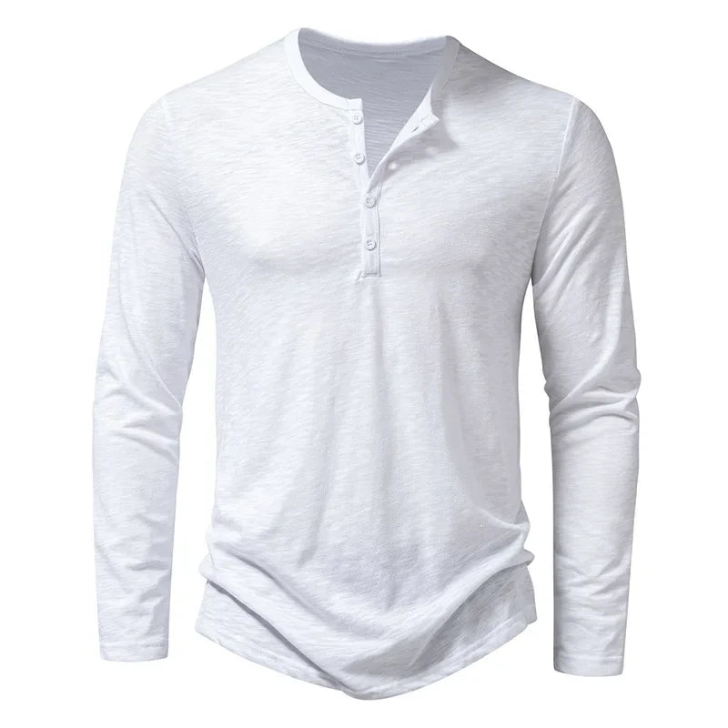 Camiseta masculina de algodão com botões, manga comprida, gola Henley, casual, cor sólida, respirável, versátil, fashion, slim