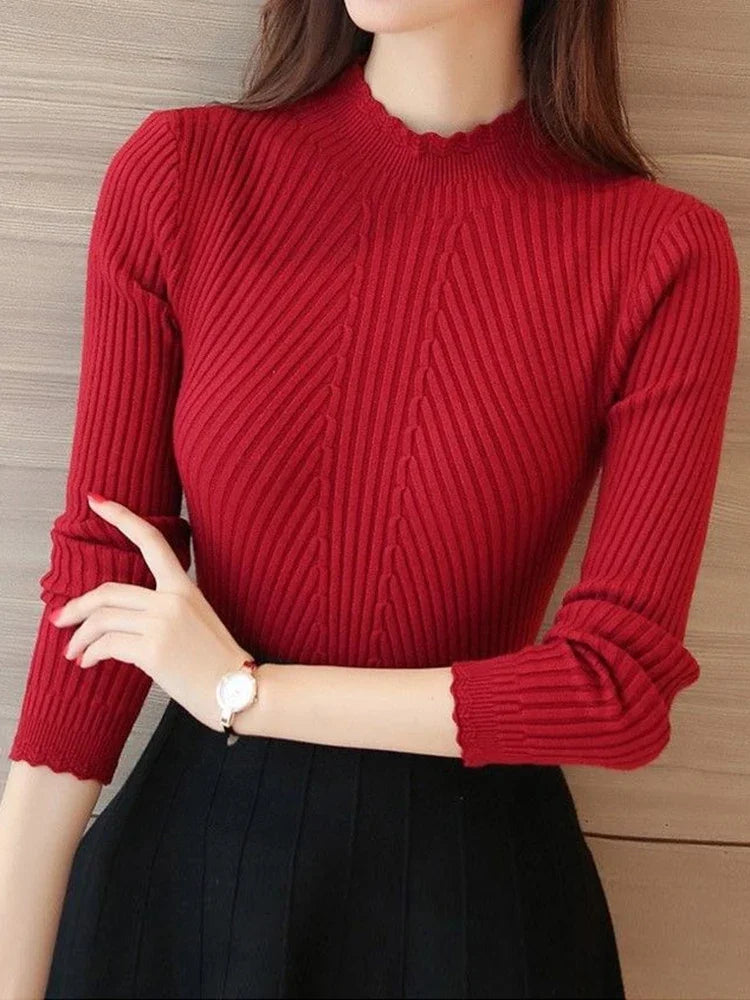 Suéter feminino de gola falsa com babados, manga comprida, tricô, cor sólida, listrado, casual, inverno, outono 2025