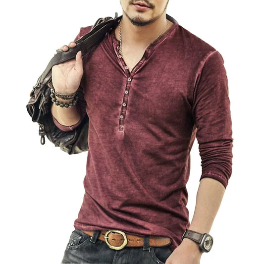 Camisetas masculinas de manga comprida, cardigã masculino de alta qualidade, cor antiga, camiseta com gola V