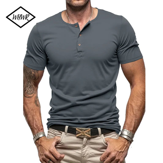 Camiseta Henley Masculina, Leve Manga Curta Casual Algodão Slim Fit Básica Solta Fitness Respirável