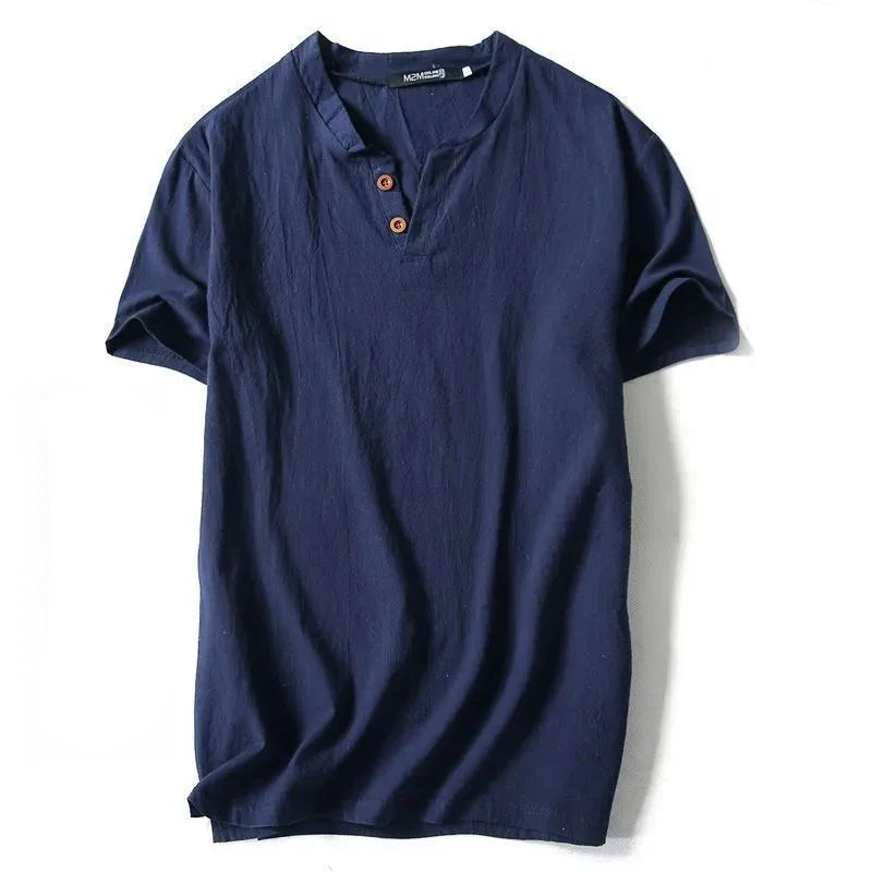 Camiseta masculina de linho, manga curta, verão, cor sólida, decote em V, versátil
