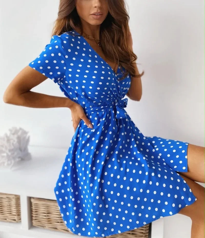 Vestido casual feminino de verão com estampa de bolinhas mangas curtas