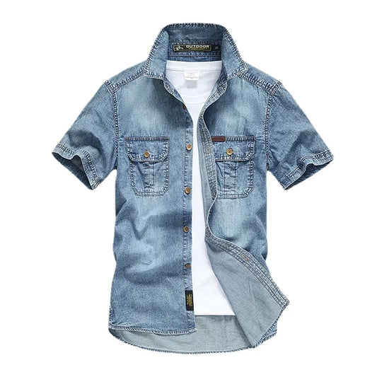 Camisas jeans masculinas com vários bolsos, camisas casuais de algodão de alta qualidade
