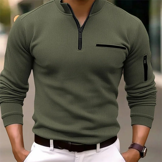 Camisa polo leve luxuosa masculina, esportiva, estilo retrô, listrada, com zíper, manga longa