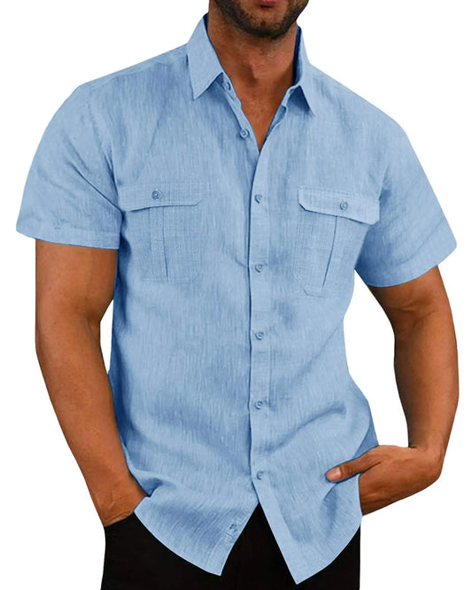 Camisas masculinas de manga curta, de algodão e linho, cor sólida, gola alta, casual