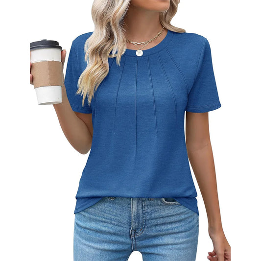 Blusas femininas casuais com gola redonda e manga curta plissadas
