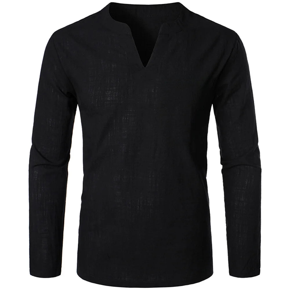 Camisa masculina de algodão e linho, manga comprida, gola V, slim, cor sólida, casual