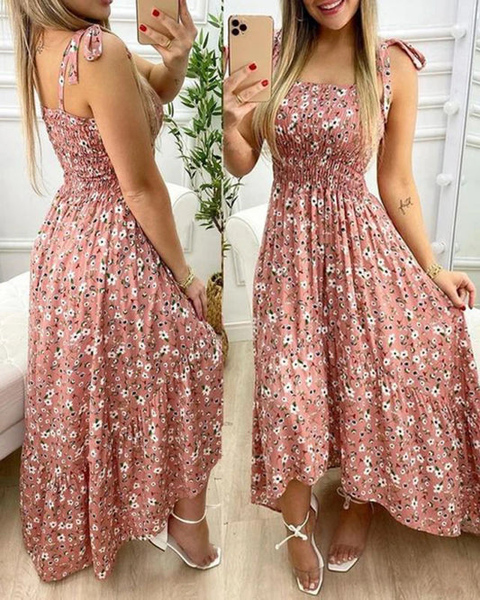 Vestido longo de verão com alças finas e estampa floral, casual, elegante