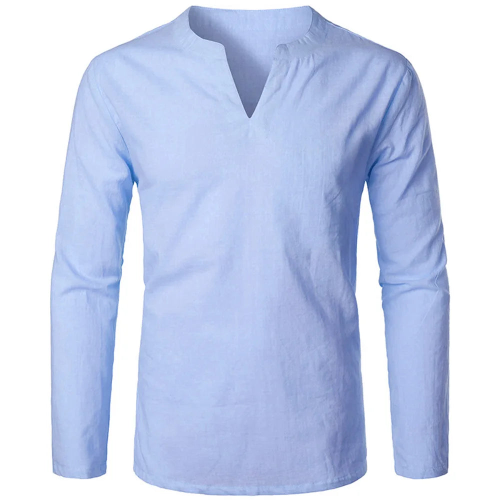 Camisa masculina de algodão e linho, manga comprida, gola V, slim, cor sólida, casual
