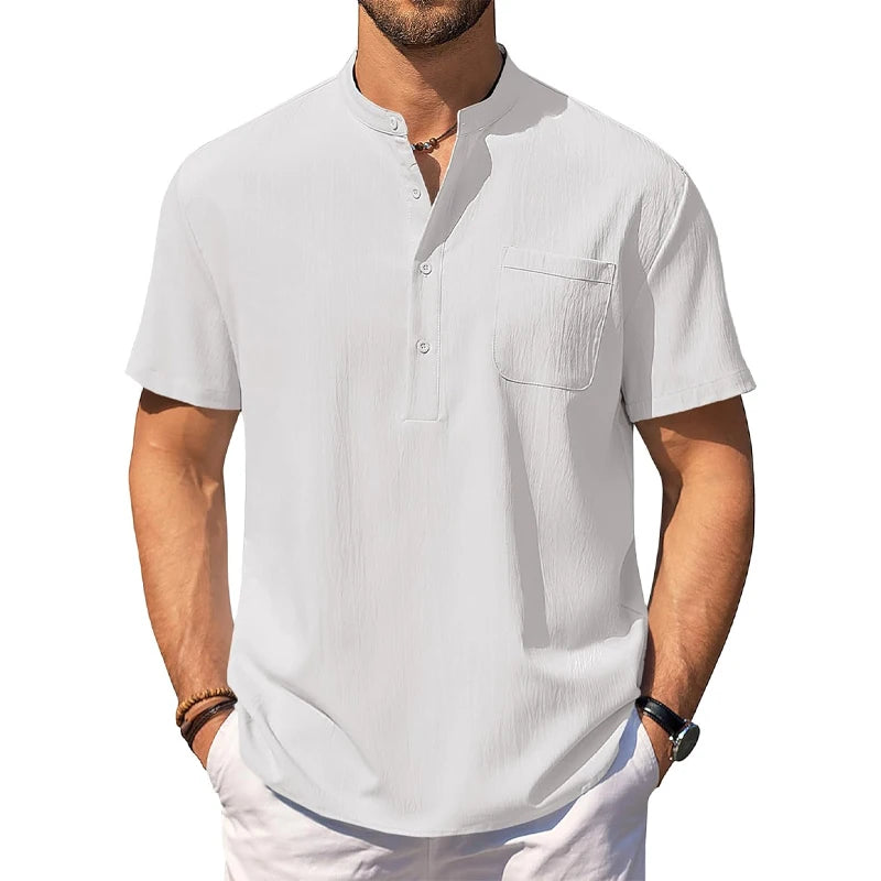 Camisa masculina Henley casual de manga curta, camisas leves, com gola listrada, com bolso