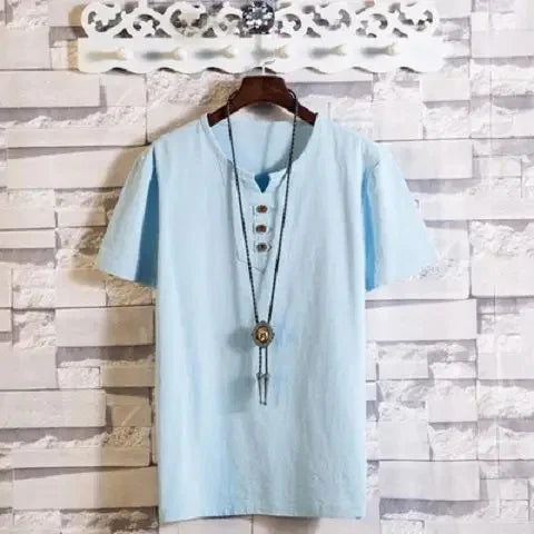 Camiseta masculina de linho, manga curta, verão, cor sólida, decote em V, versátil