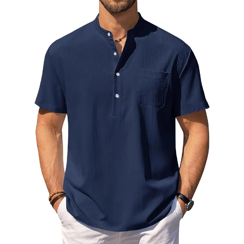 Camisa masculina Henley casual de manga curta, camisas leves, com gola listrada, com bolso
