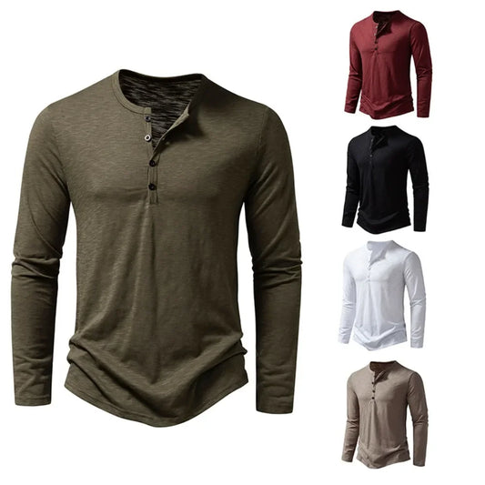 Camiseta masculina de algodão com botões, manga comprida, gola Henley, casual, cor sólida, respirável, versátil, fashion, slim