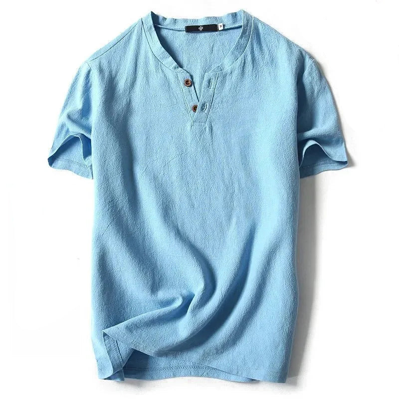 Camiseta masculina de linho, manga curta, verão, cor sólida, decote em V, versátil