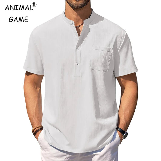 Camisa masculina Henley casual de manga curta, camisas leves, com gola listrada, com bolso
