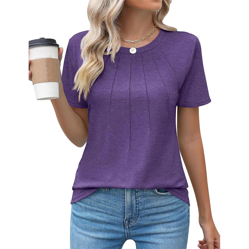 Blusas femininas casuais com gola redonda e manga curta plissadas