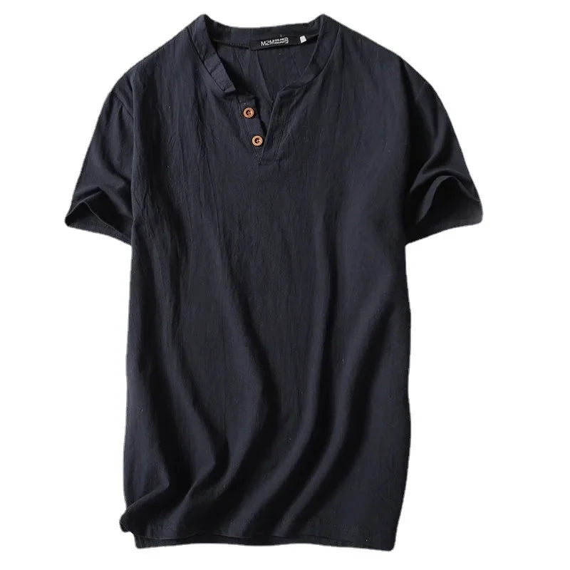 Camiseta masculina de linho, manga curta, verão, cor sólida, decote em V, versátil