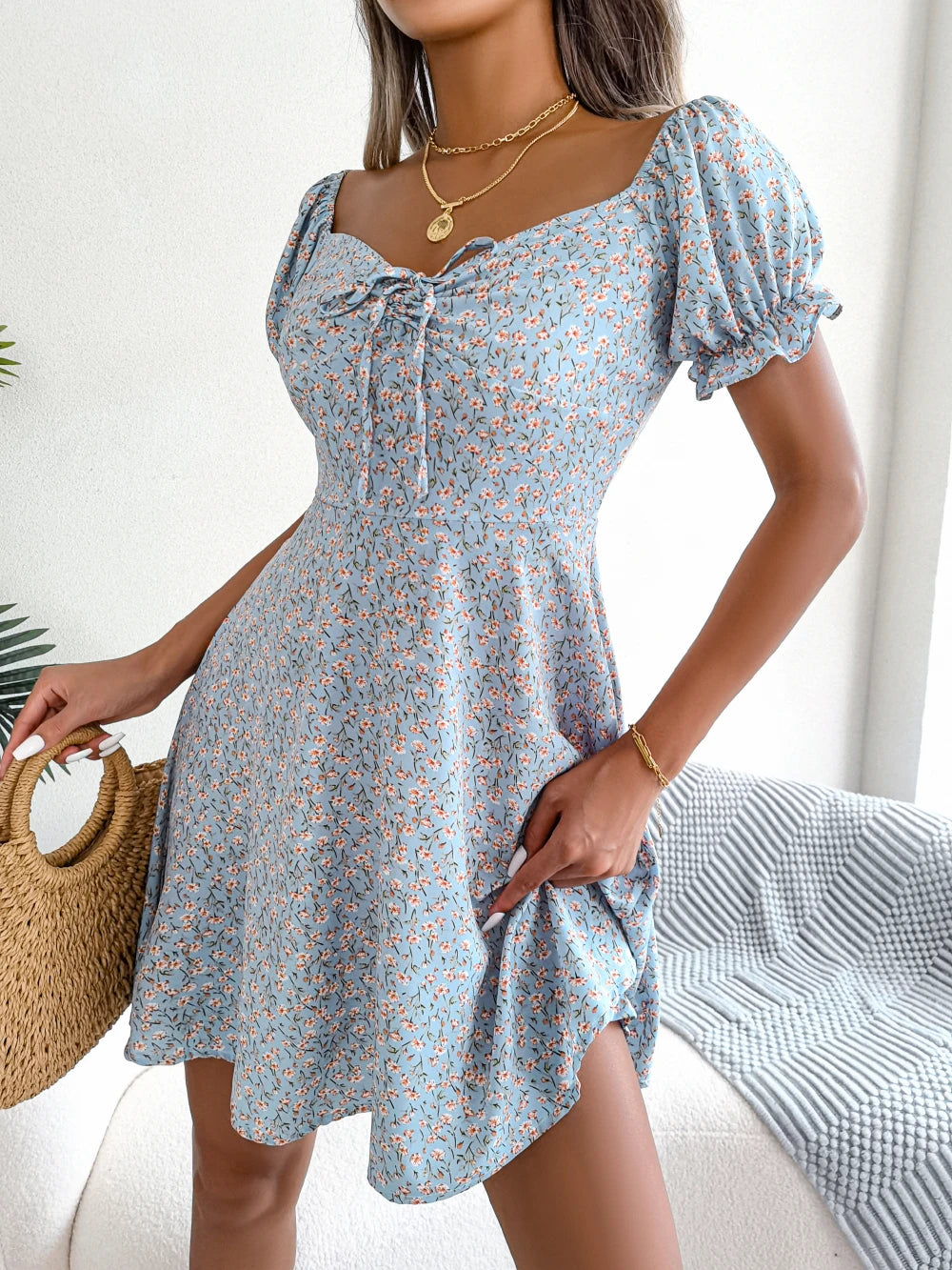 Vestido feminino casual com babados, manga curta, estampa floral
