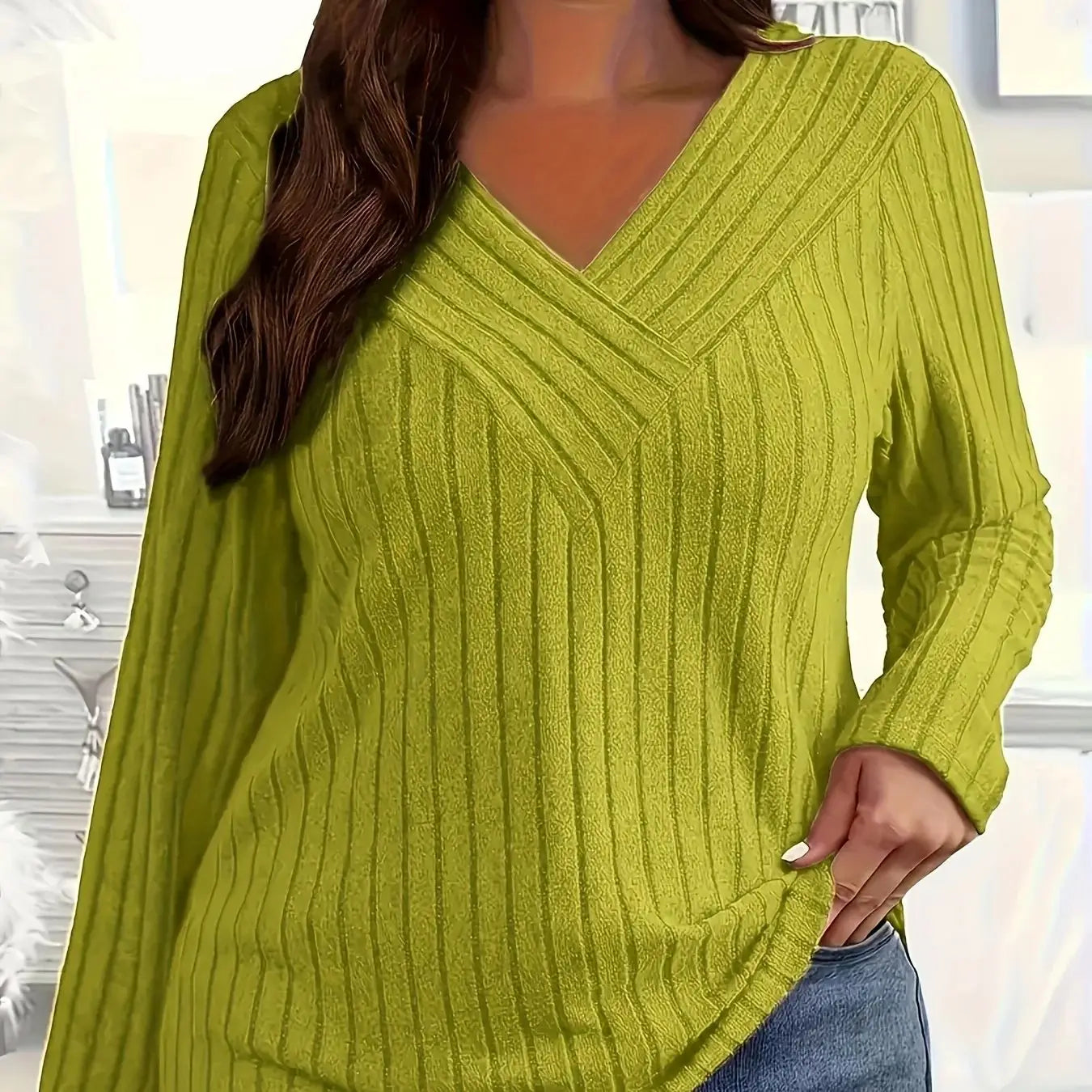 Camiseta feminina casual elegante plus size, manga comprida