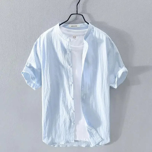 Camisa de linho masculina, manga curta, gola alta, ajuste solto, primavera/verão, leve, casual