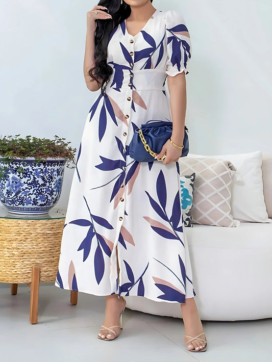Vestido com estampa de folhas, abotoamento simples, elegante, decote em V, manga curta, primavera/verão