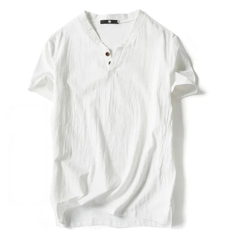 Camiseta masculina de linho, manga curta, verão, cor sólida, decote em V, versátil
