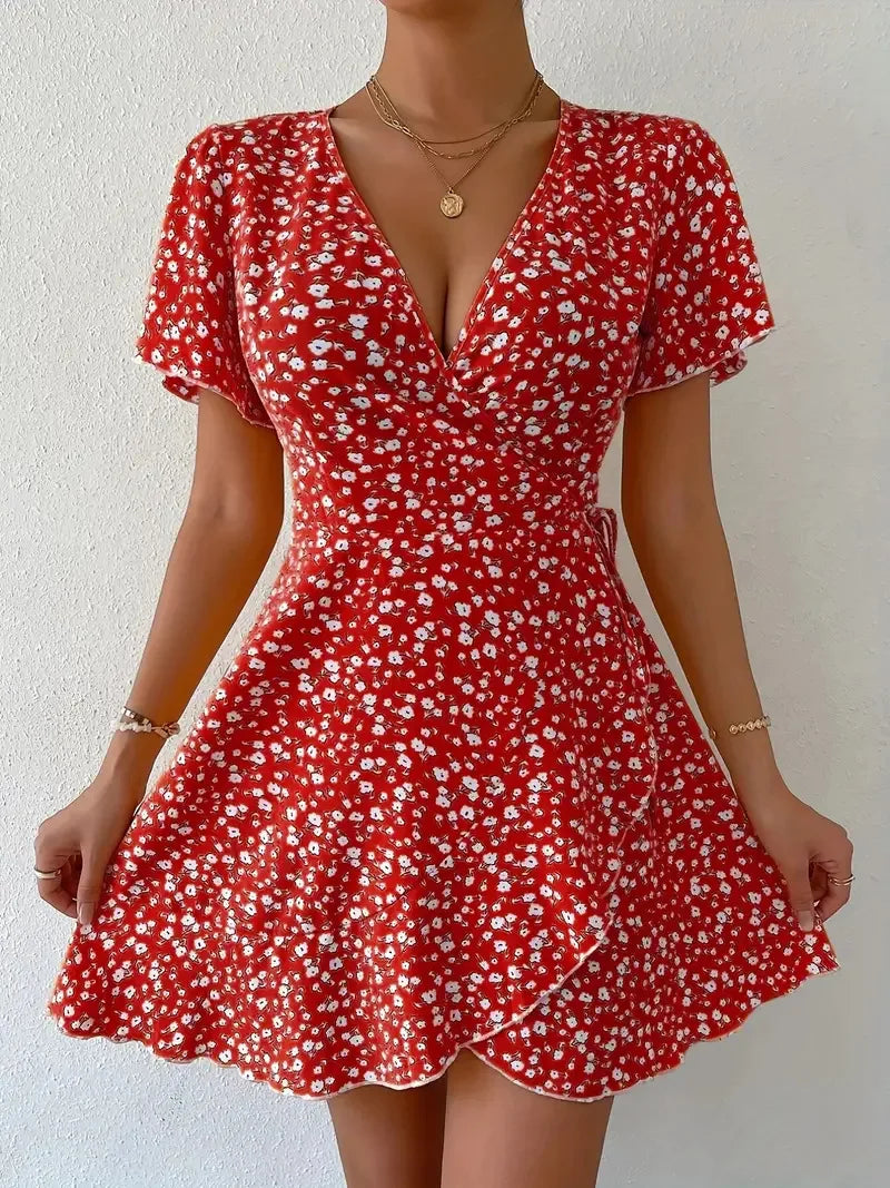 Vestido curto feminino estampado, verão, decote em V, manga curta