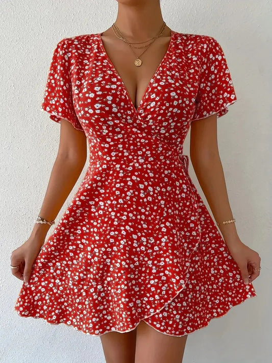 Vestido curto feminino estampado, verão, decote em V, manga curta
