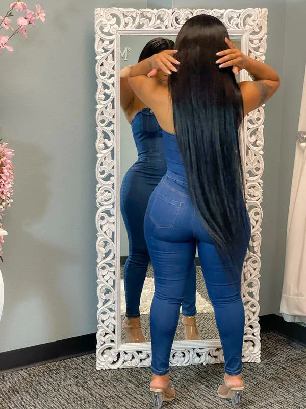 Macacão jeans elástico feminino sem alças justo azul macacão casual
