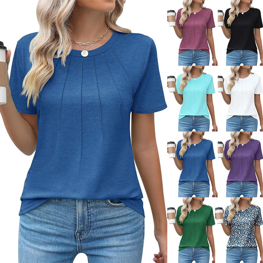 Blusas femininas casuais com gola redonda e manga curta plissadas