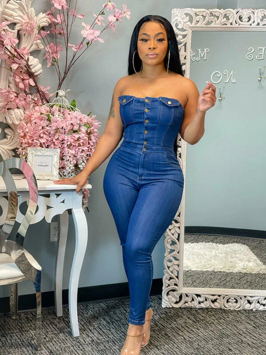 Macacão jeans elástico feminino sem alças justo azul macacão casual