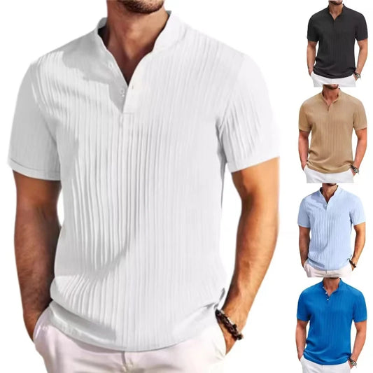 Camisa listrada de algodão e linho jacquard masculina, lapela, casual, confortável, manga curta