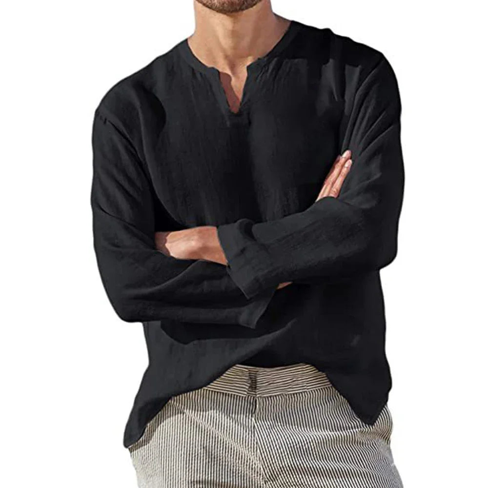 Camisa masculina de algodão e linho, cor sólida, aconchegante, manga comprida, respirável, casual de verão com decote em V