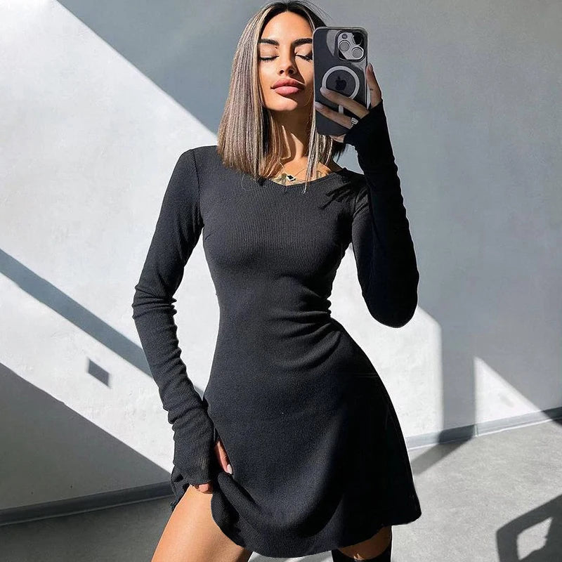 Vestidos femininos elegantes, outono inverno, preto, sexy, curto, decote em V, manga comprida, slim, cor sólida