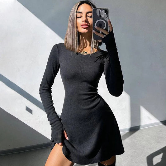 Vestidos femininos elegantes, outono inverno, preto, sexy, curto, decote em V, manga comprida, slim, cor sólida