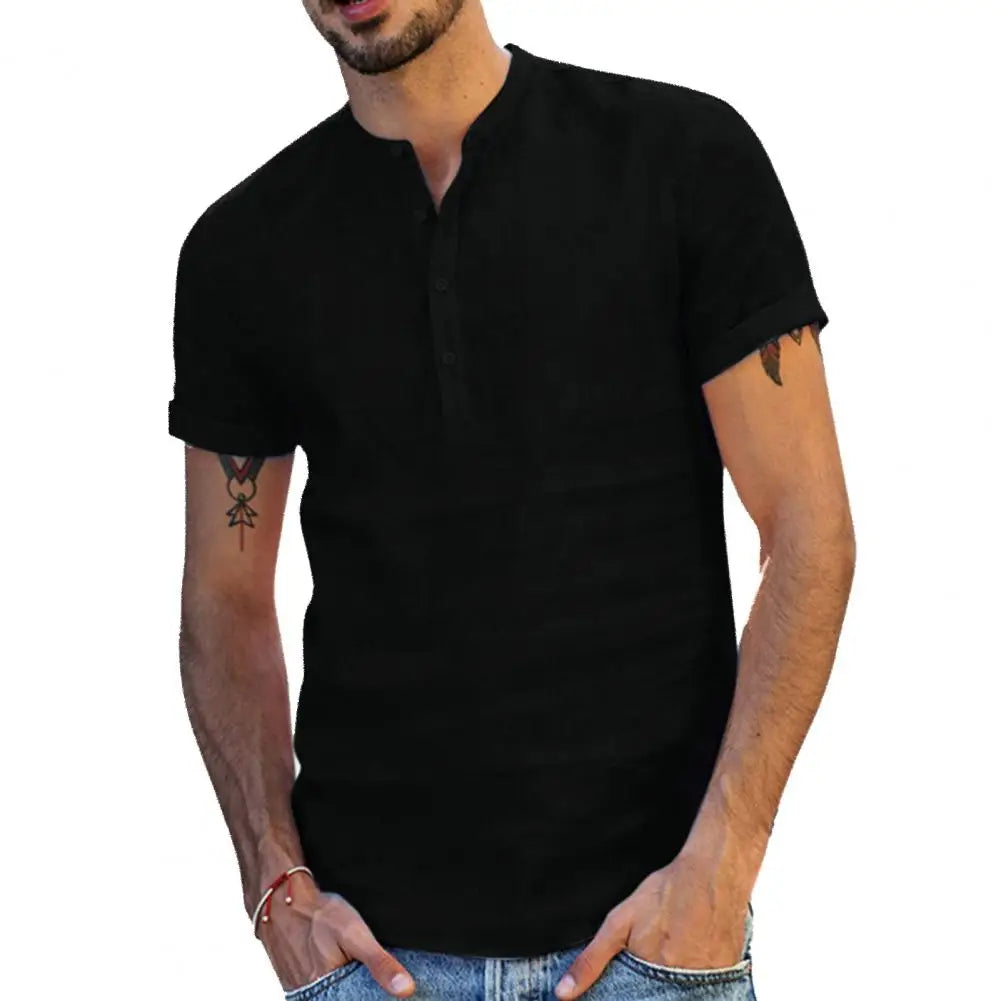 Camiseta masculina de manga curta, nova, de cor sólida, de algodão e linho, respirável
