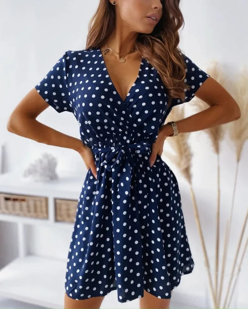 Vestido casual feminino de verão com estampa de bolinhas mangas curtas