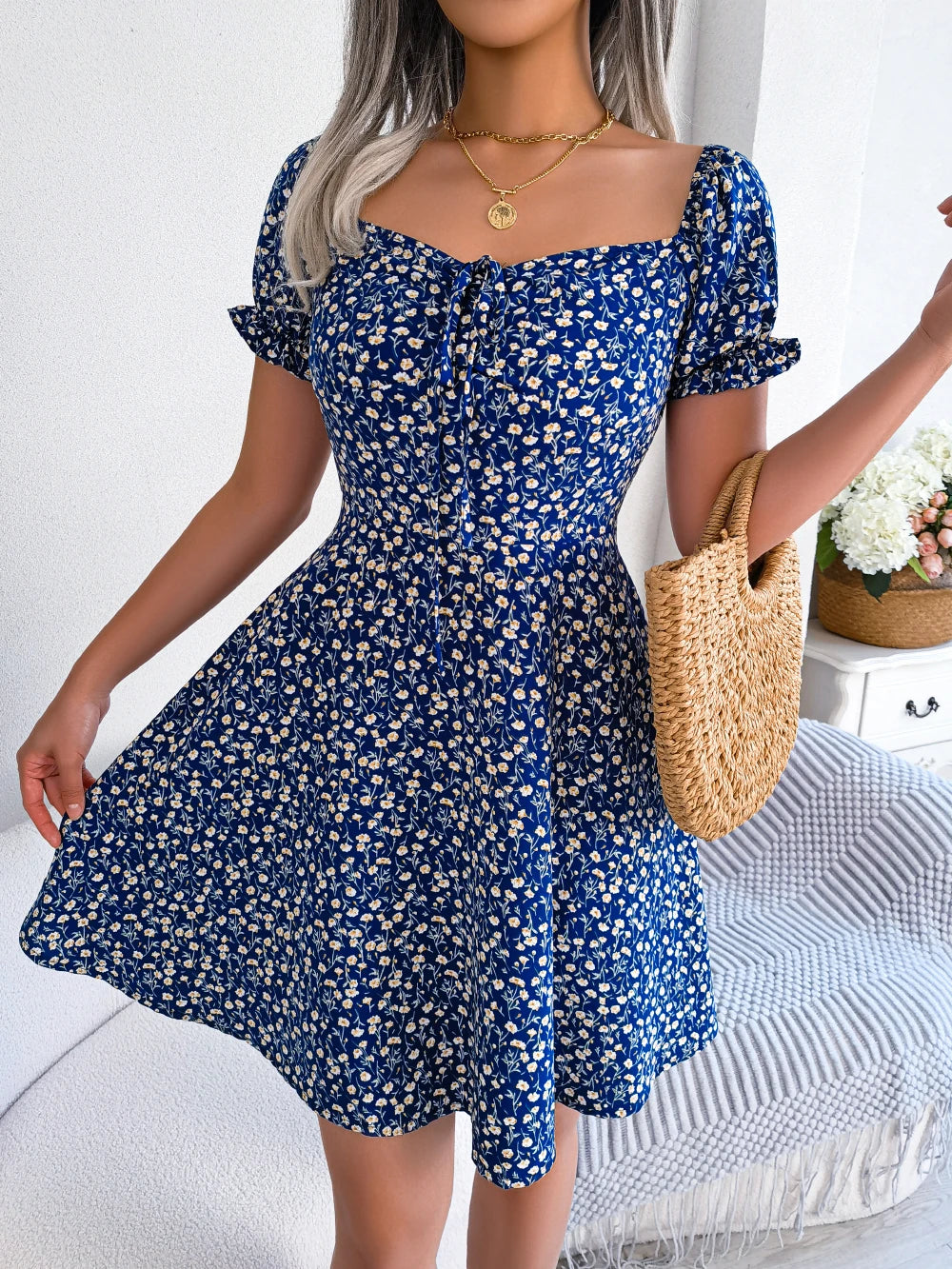 Vestido feminino casual com babados, manga curta, estampa floral