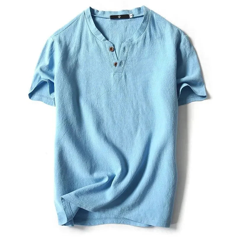Camiseta masculina de linho, manga curta, verão, cor sólida, decote em V, versátil