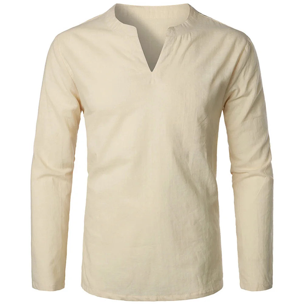 Camisa masculina de algodão e linho, manga comprida, gola V, slim, cor sólida, casual